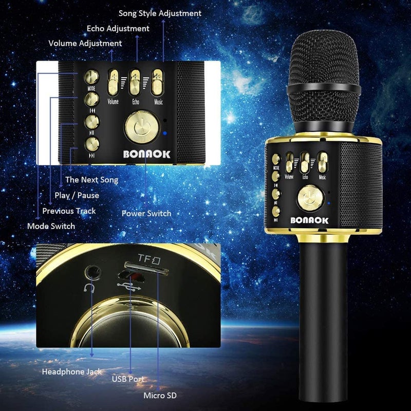 BONAOK Wireless Bluetooth Karaoke Microphone, 3-in-1 Portable Handheld Mic Speaker Machine for All Smartphones, Gifts to Girls Boys Kids Adults All Age Q37(Black Gold) - Image 1